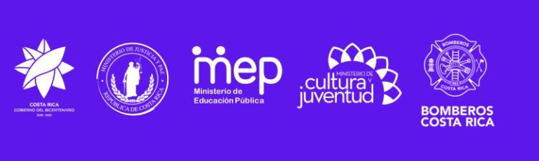 Logo de patrocinadores: Gobierno de Costa Rica, Ministerio de Justicia y Paz, Ministerio de Educación Pública, Ministerio de Cultura y Juventud, Bomberos de Costa Rica