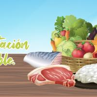 Se ilustra un platón de frutas, verduras, legumbres, carnes y cereales. 